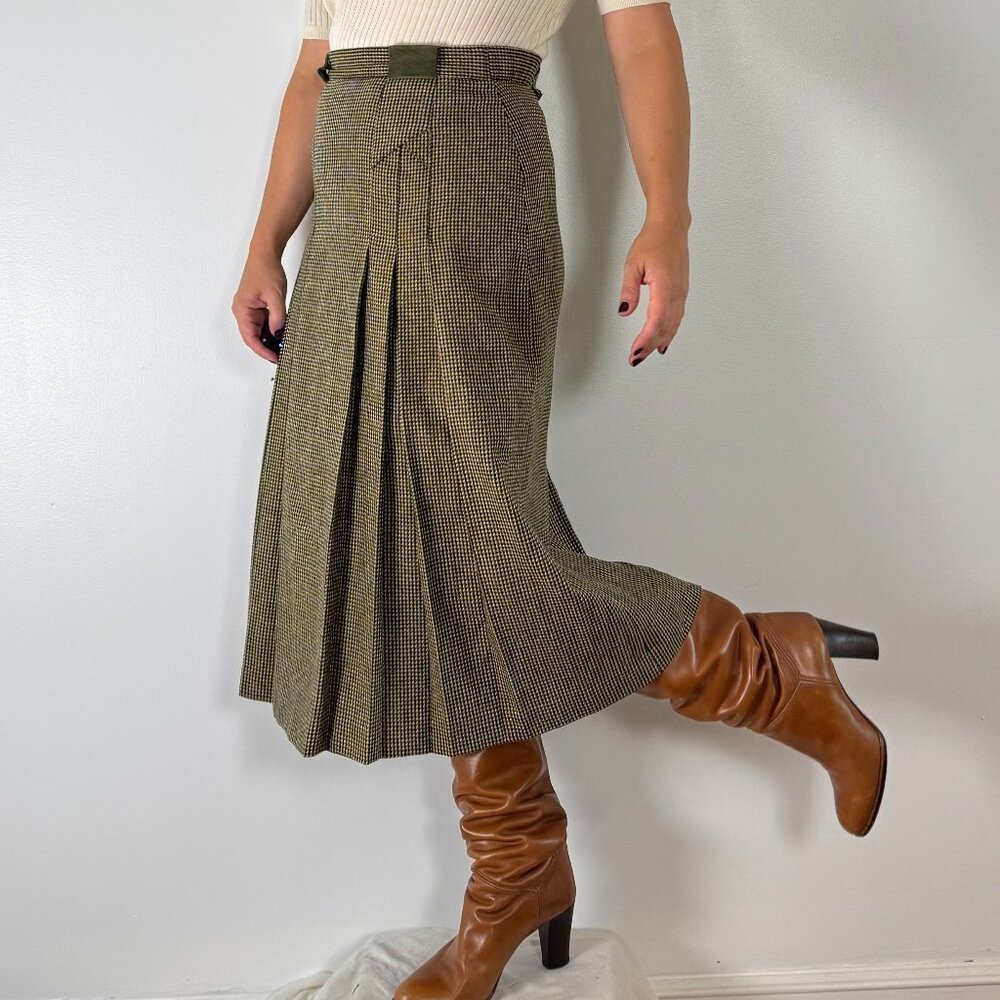 Vintage PROPORTION PETITES Pleated Houndstooth Midi Wool Skirt - Size S - Picture 4 of 11